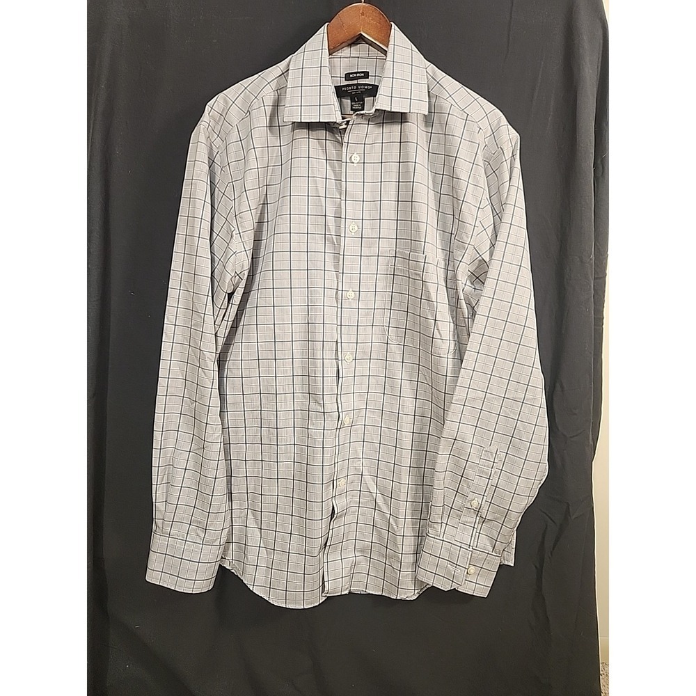 Pronto Uomo Non-Iron Button Front Shirt Mens Sz L Long Sleeve Windowpane Print